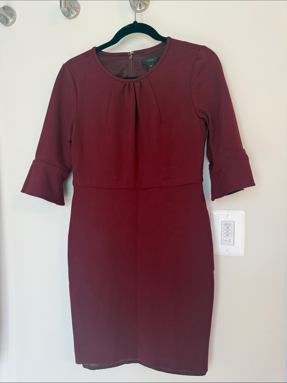 J. Crew Burgundy Midi Sheath Dress with Pleated Neck